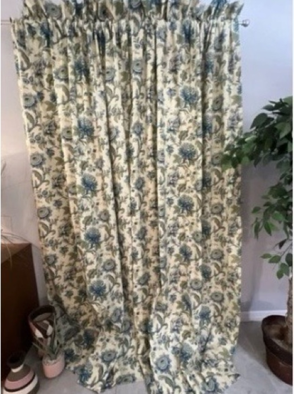 Three Cream Floral Curtains Custom Made with Blue Scroll Motif 95” long 51” wide